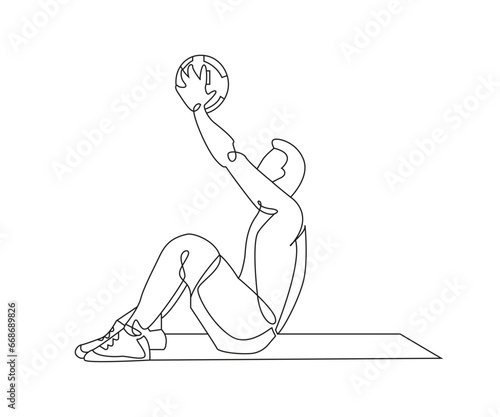 Med ball overhead press sit up exercise line drawing isolated on copy space white background, Medicine Ball Sit up exercise editable vector illustration, Continuous one line drawing, Outline  clipart 