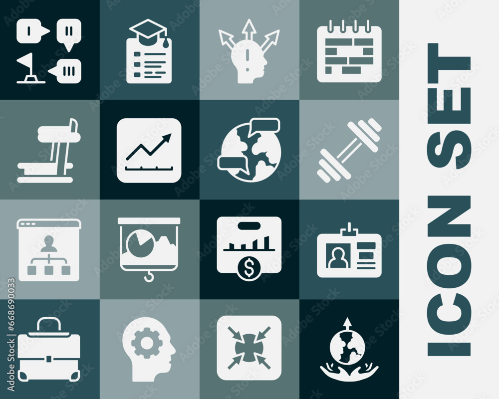 Set World expansion, Identification badge, Dumbbell, Project team base, Financial growth increase, Treadmill machine, Planning strategy and Worldwide icon. Vector