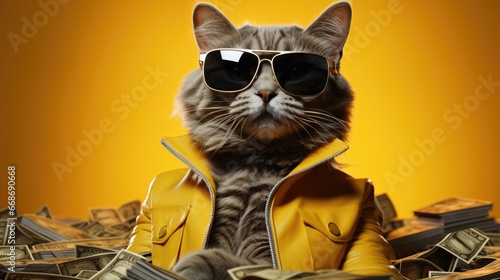 Closeup portrait of funny ginger cat wearing sunglasses isolated on yellow. Copyspace