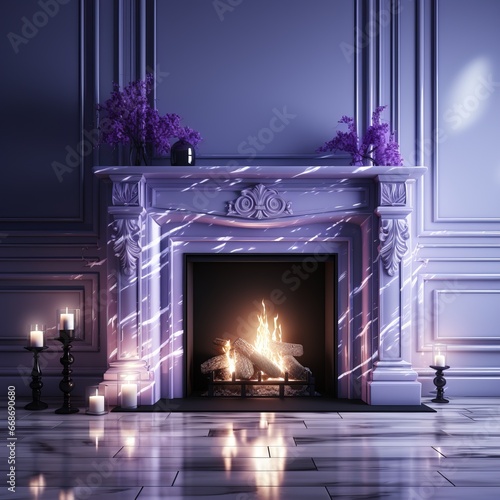 Room design with a fireplace and neon lighting in purple tones. Cozy and modern atmosphere. Contrast between design tradition and modernity.