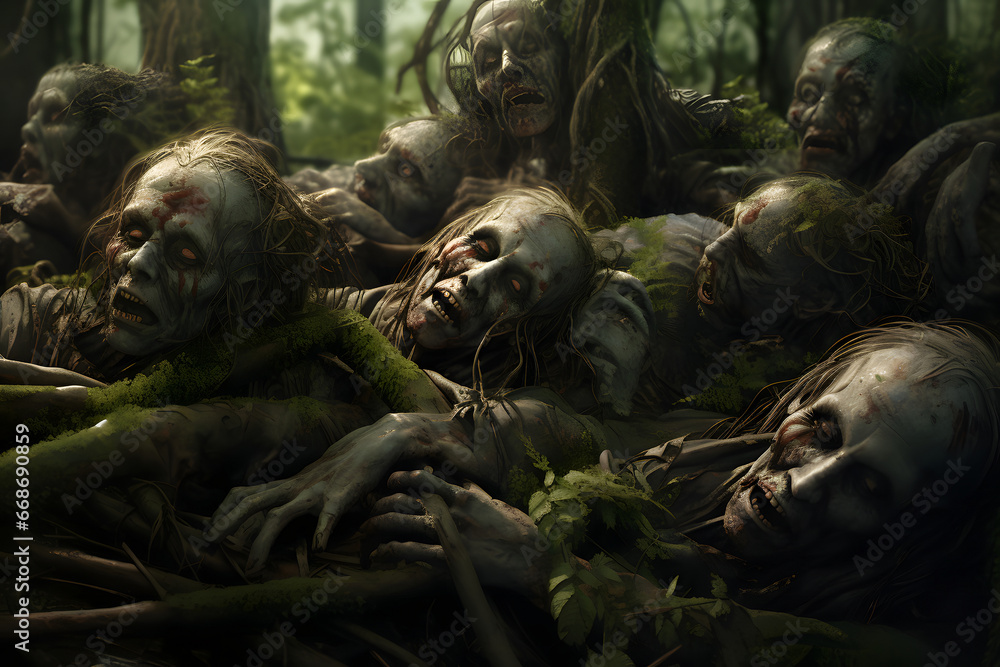 group of zombies sleeping on the summer forest floor one over another. Not based on any actual person or scene.
