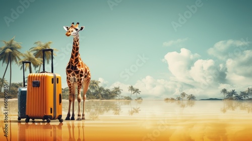 Summer adventure with a stylish giraffe with suitcase. Travel concept