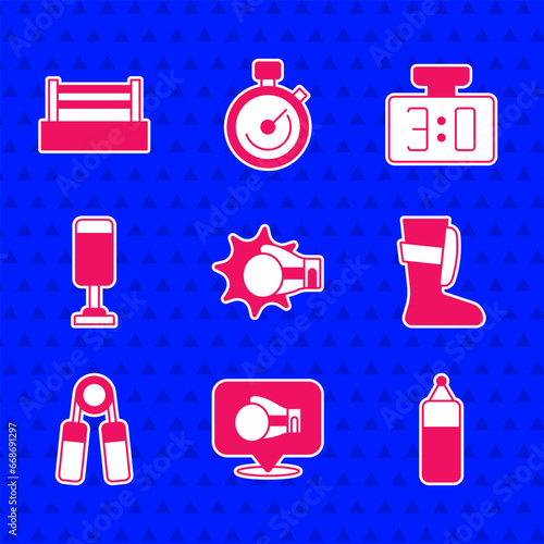 Set Punch in boxing glove, Boxing, Punching bag, Sport shoes, expander, mechanical scoreboard and ring icon. Vector