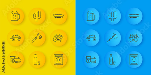 Set line Retro train, Wild west covered wagon, Tomahawk axe, Wanted western poster, Western stagecoach, Wooden beer mug, Kayak or canoe and paddle and Cactus icon. Vector