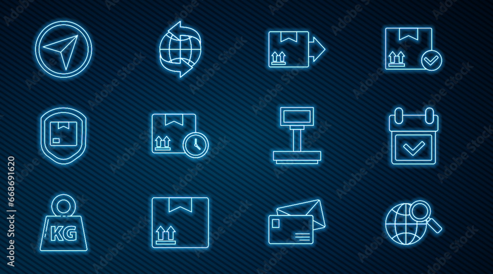 Set line Magnifying glass with globe, Cardboard box traffic symbol, and fast time, Delivery pack security shield, Infographic of city map navigation, Scale and Worldwide icon. Vector Set line Magnifying glass with globe, Cardboard box traffic symbol, and fast time, Delivery pack security shield, Infographic of city map navigation, Scale and Worldwide icon. Vector