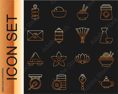 Set line Chinese tea ceremony, Asian noodles bowl, paper lantern, Yin Yang and envelope, Firework and Paper chinese folding fan icon. Vector