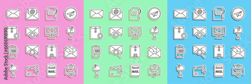 Set line Delete envelope, Envelope, Mail box, Document and pen, setting, and Monitor icon. Vector