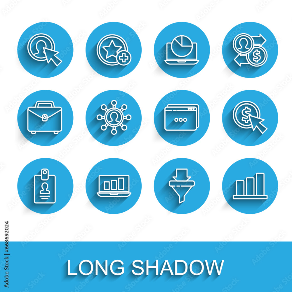 Set line Identification badge, User of man in business suit, Sales funnel arrows, Pie infographic, Business network and communication, Cursor coin and Website template icon. Vector Set line Identification badge, User of man in business suit, Sales funnel arrows, Pie infographic, Business network and communication, Cursor coin and Website template icon. Vector