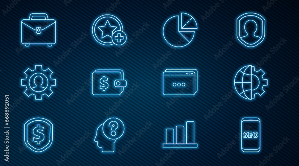 Set line Mobile phone SEO optimization, Globe of the Earth and gear, Pie chart infographic, Wallet with dollar, Human inside, Briefcase, Website template and Star icon. Vector Set line Mobile phone SEO optimization, Globe of the Earth and gear, Pie chart infographic, Wallet with dollar, Human inside, Briefcase, Website template and Star icon. Vector