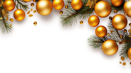 Horizontal banner with christmas tree garland and ornaments. Hanging gold balls and ribbons. Great for flyers, posters, headers