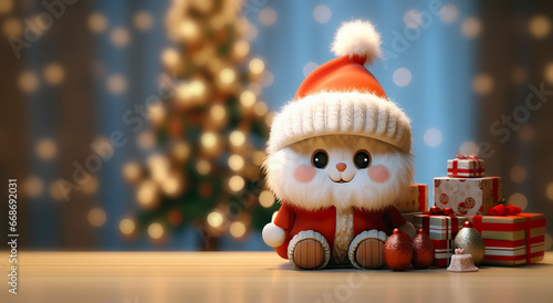 cute soft toy in Santa Claus clothes surrounded by gifts for Christmas celebration generative ai