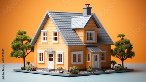Toy house on orange background. Generative AI. © ProVector