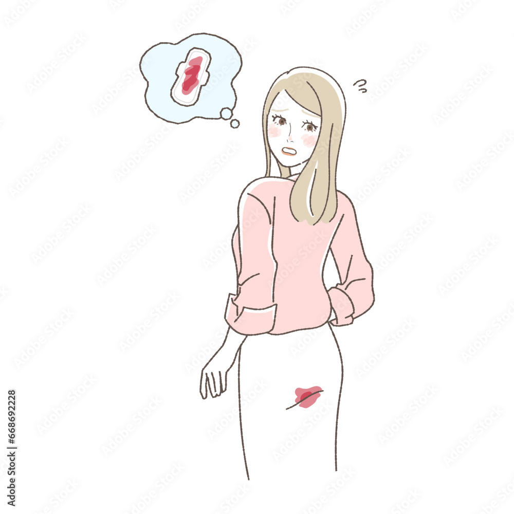 Illustration of Women Troubled by Stained Bottoms during Menstruation. Illustration of Women Troubled by Stained Bottoms during Menstruation.