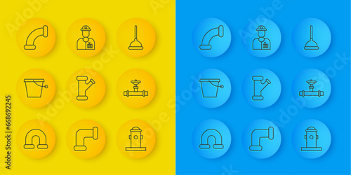 Set line Industry metallic pipe, Bucket, Fire hydrant, and valve, Rubber plunger and Plumber icon. Vector