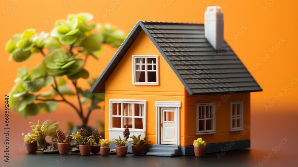 Toy house on orange background. Generative AI. Toy house on orange background. Generative AI.