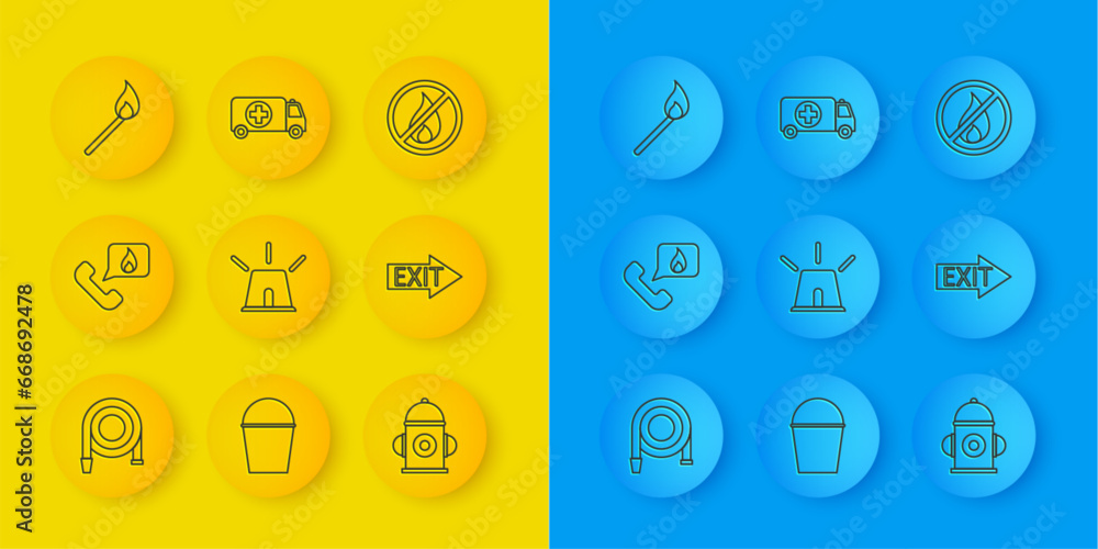 Set line Fire hose reel, Telephone with emergency call 911, Flasher siren, hydrant, exit, Burning match fire, No and Ambulance and car icon. Vector Set line Fire hose reel, Telephone with emergency call 911, Flasher siren, hydrant, exit, Burning match fire, No and Ambulance and car icon. Vector