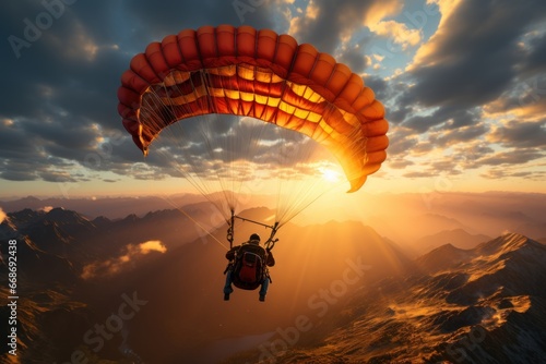 skydiver flies on a parachute in the clouds