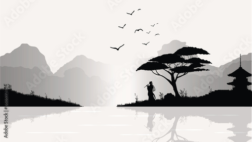 people playing the dizi in the edge of the river wallpaper 4K desktop. cool night vibe and full moon. landscape view Chinese ink style illustration vector background. photo