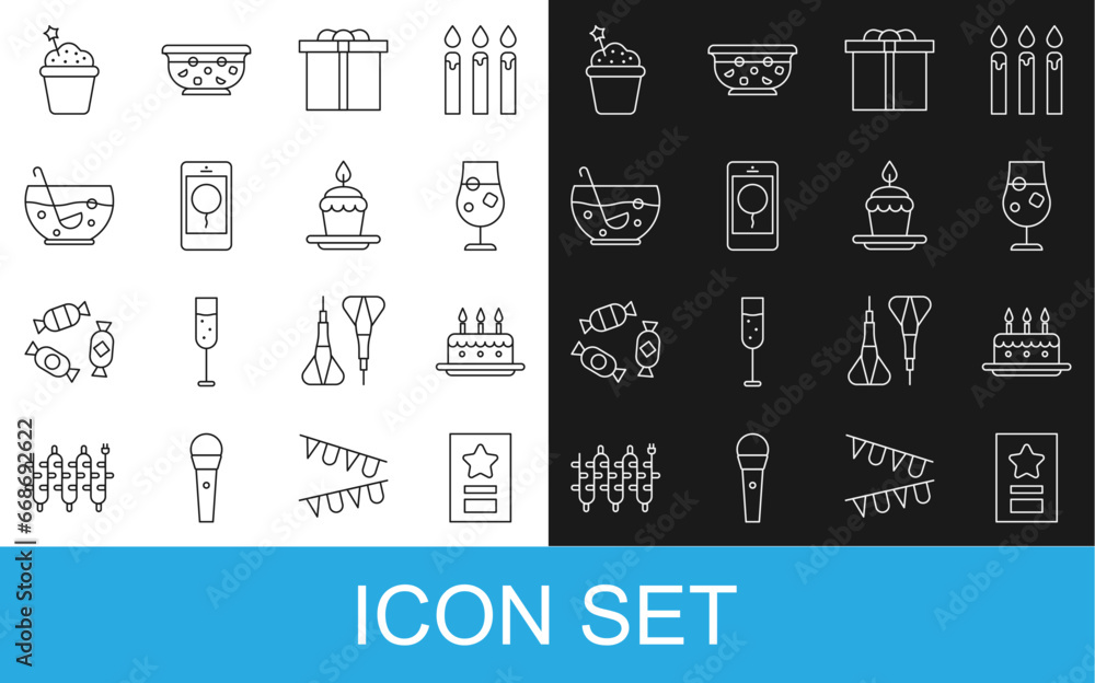 Set line Greeting card, Cake with burning candles, Cocktail alcohol drink, Gift box, Mobile birthday message, Mixed punch bowl, and icon. Vector