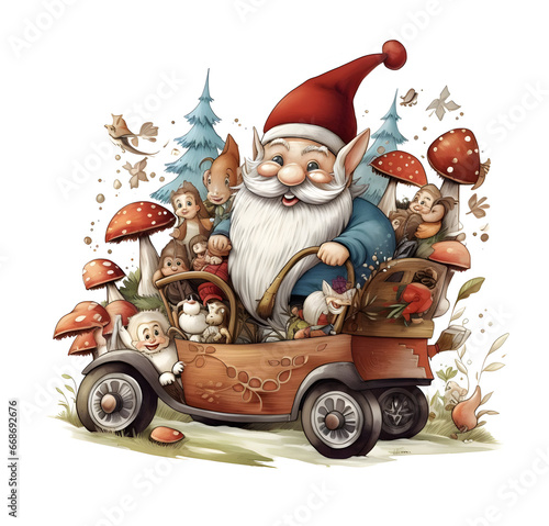  gnome riding in a whimsical sleigh