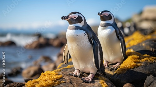 Two penguins standing on rocks. Generative AI.
