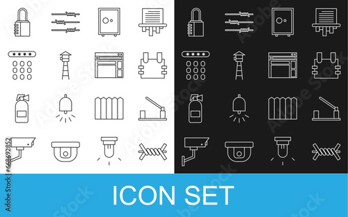 Set line Barbed wire, Parking car barrier, Bulletproof vest, Safe, Watch tower, Password protection, combination lock and Website template icon. Vector
