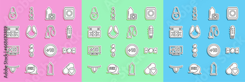 Set line Pills for potency, aphrodisiac, Silicone ball gag with belt, Dildo vibrator, Condom, Sex shop, and Penis pump icon. Vector