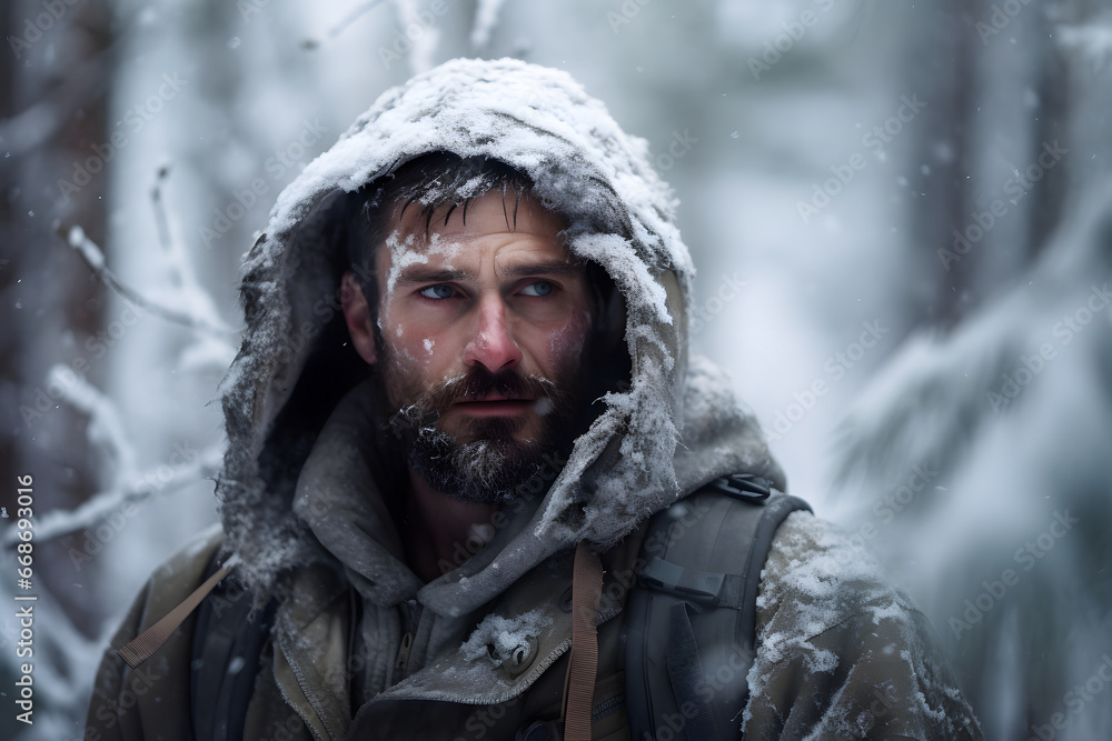 Young adult Caucasian man in winter forest at snowy day. Neural network generated image. Not based on any actual person or scene. Young adult Caucasian man in winter forest at snowy day. Neural network generated image. Not based on any actual person or scene.