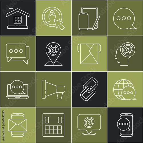 Set line Chat messages notification on phone, World map made from speech bubble, Mail and e-mail, Phone graphic tablet, Location, Speech chat, House and Envelope icon. Vector