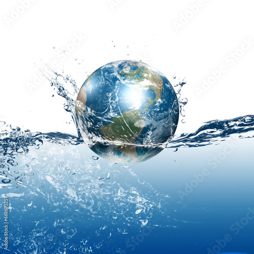 Globe of planet earth in a wave of water in the ocean. world water day  earth environment day   global warming concept of climate change isolated on white background.