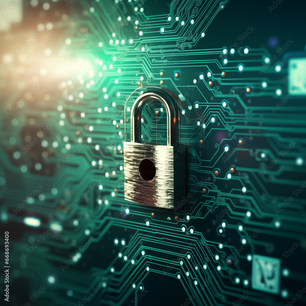 padlock on circuit board, GENERATED AI padlock on circuit board, GENERATED AI