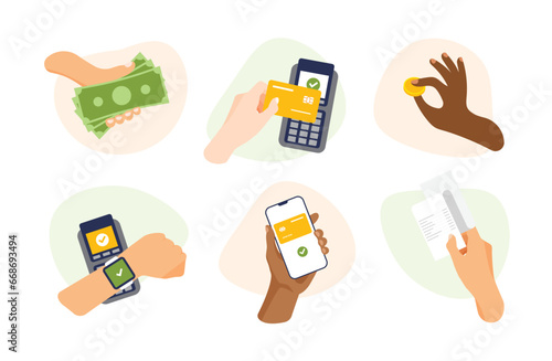 Hands icon with different stuff and gestures. Contactless payment by phone or smart watch. Mobile online banking app and electronic wallet. Hand holds credit card near the pos terminal to pay.