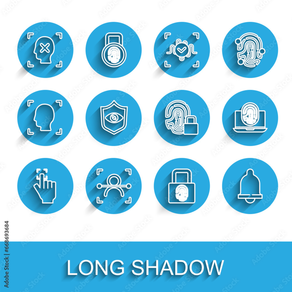 Set line Fingerprint, Face recognition, Rejection face, with lock, Motion sensor, Shield eye scan, Laptop fingerprint and icon. Vector Set line Fingerprint, Face recognition, Rejection face, with lock, Motion sensor, Shield eye scan, Laptop fingerprint and icon. Vector