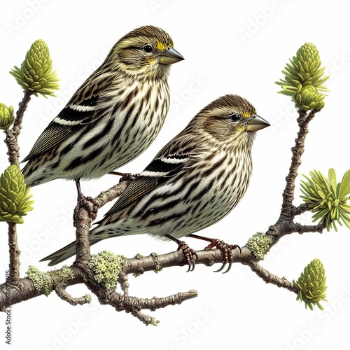 A male and female Pine Siskin perched on a tree limb isolated on a white background