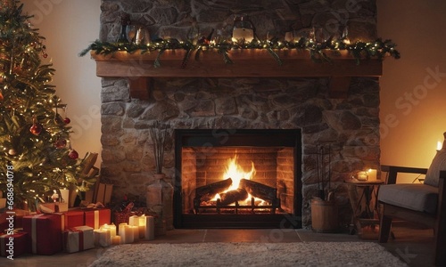 New Year s cozy evening by the burning fireplace.