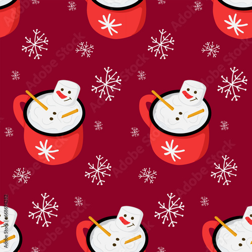 Winter hot chocolate and marshmallow snowman in a mug seamless pattern. Cute and funny childish design on dark red background. Ideal for decoration, wrapping paper, textile, wallpaper