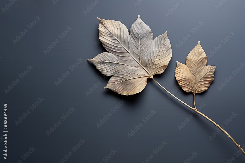 Autumn dried leaf on a grey background with copy space