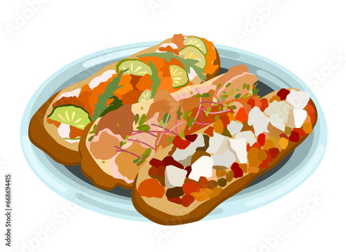 Bruschetta. Traditional italian plate. Vector isolated illustration.