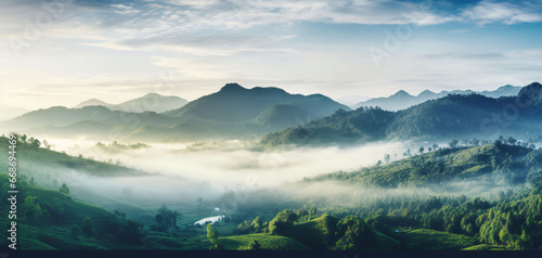Beautiful mountains and sky in the morning,Mountains under mist in the morning Amazing nature scenery form Kerala God's own Country Tourism and travel concept image, Fresh and relax type nature image photo