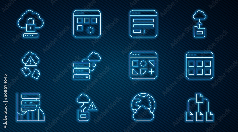 Set line Folder tree, Browser files, window, Network cloud connection, Cloud hacking, computing lock, Different and Loading data icon. Vector Set line Folder tree, Browser files, window, Network cloud connection, Cloud hacking, computing lock, Different and Loading data icon. Vector