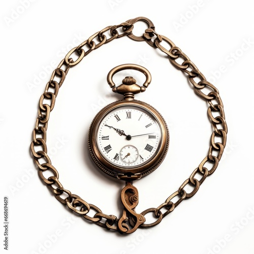 Vintage pocket gold watch with chain on white background. An old round watch with a lid on a chain. The concept of time