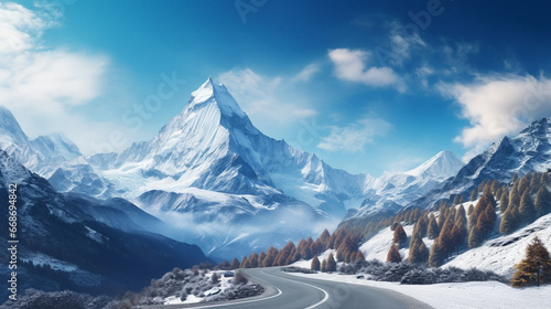 stockphoto, a breathtaking desktop wallpaper,a majestic snow-capped mountain range with a winding road leading up. Amazing view of a snowy alpine landscape during winter time. Wonderful natural landsc photo