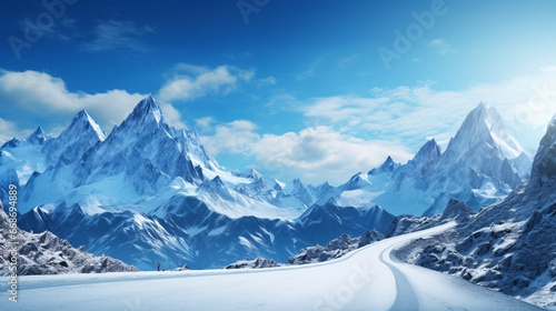 stockphoto, a breathtaking desktop wallpaper,a majestic snow-capped mountain range with a winding road leading up. Amazing view of a snowy alpine landscape during winter time. Wonderful natural landsc © Dirk