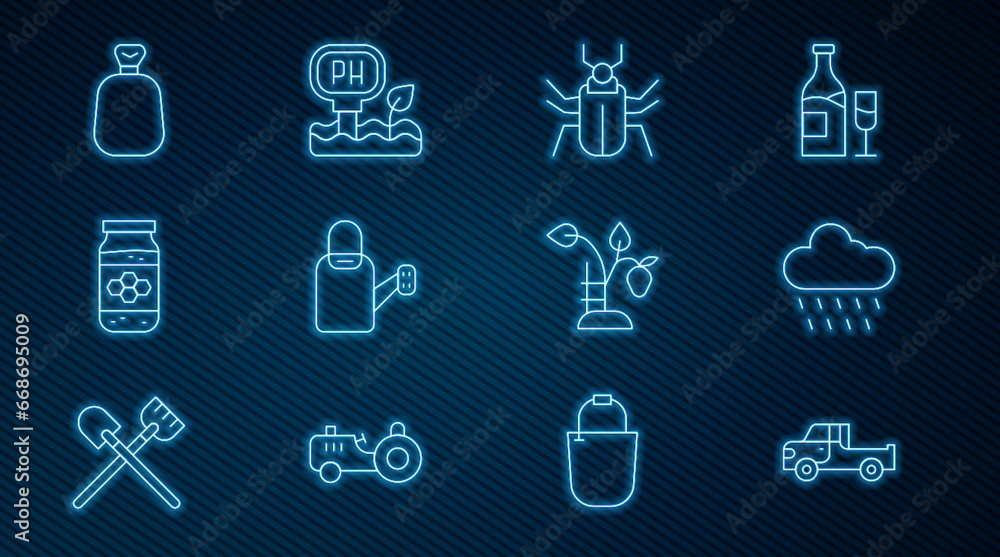Set line Pickup truck, Cloud with rain, Insect fly, Watering can, Jar of honey, Full sack, Strawberry bush and Soil ph testing icon. Vector Set line Pickup truck, Cloud with rain, Insect fly, Watering can, Jar of honey, Full sack, Strawberry bush and Soil ph testing icon. Vector