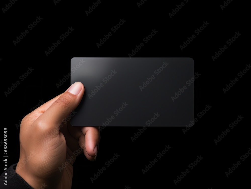 Male hand holding a black bank card on a black background AI Male hand holding a black bank card on a black background AI