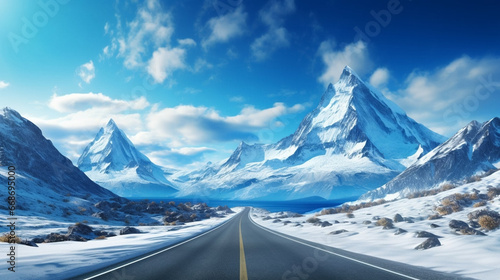 Wallpaper Mural stockphoto, a breathtaking desktop wallpaper,a majestic snow-capped mountain range with a winding road leading up. Amazing view of a snowy alpine landscape during winter time. Wonderful natural landsc Torontodigital.ca