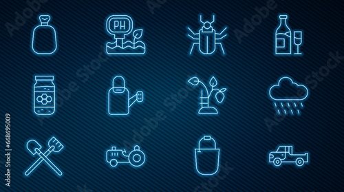 Set line Pickup truck, Cloud with rain, Insect fly, Watering can, Jar of honey, Full sack, Strawberry bush and Soil ph testing icon. Vector
