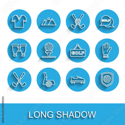 Set line Crossed golf club, Golf with ball, shirt, shoe, shield, on tee, glove and label icon. Vector