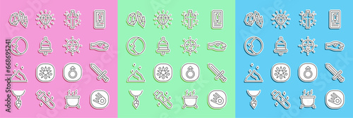 Set line Comet falling down fast, Medieval sword, Snake, Christian cross, Ringing alarm bell, Moon, Magic stone and Sun icon. Vector