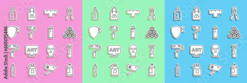Set line Paint spray can, Marker pen, attachment, roller brush, Vandal, Paint, gouache, jar, dye and icon. Vector